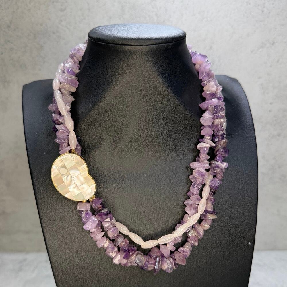Chunky amethyst 3 strand purple stone necklace with shell inlay heart clasp